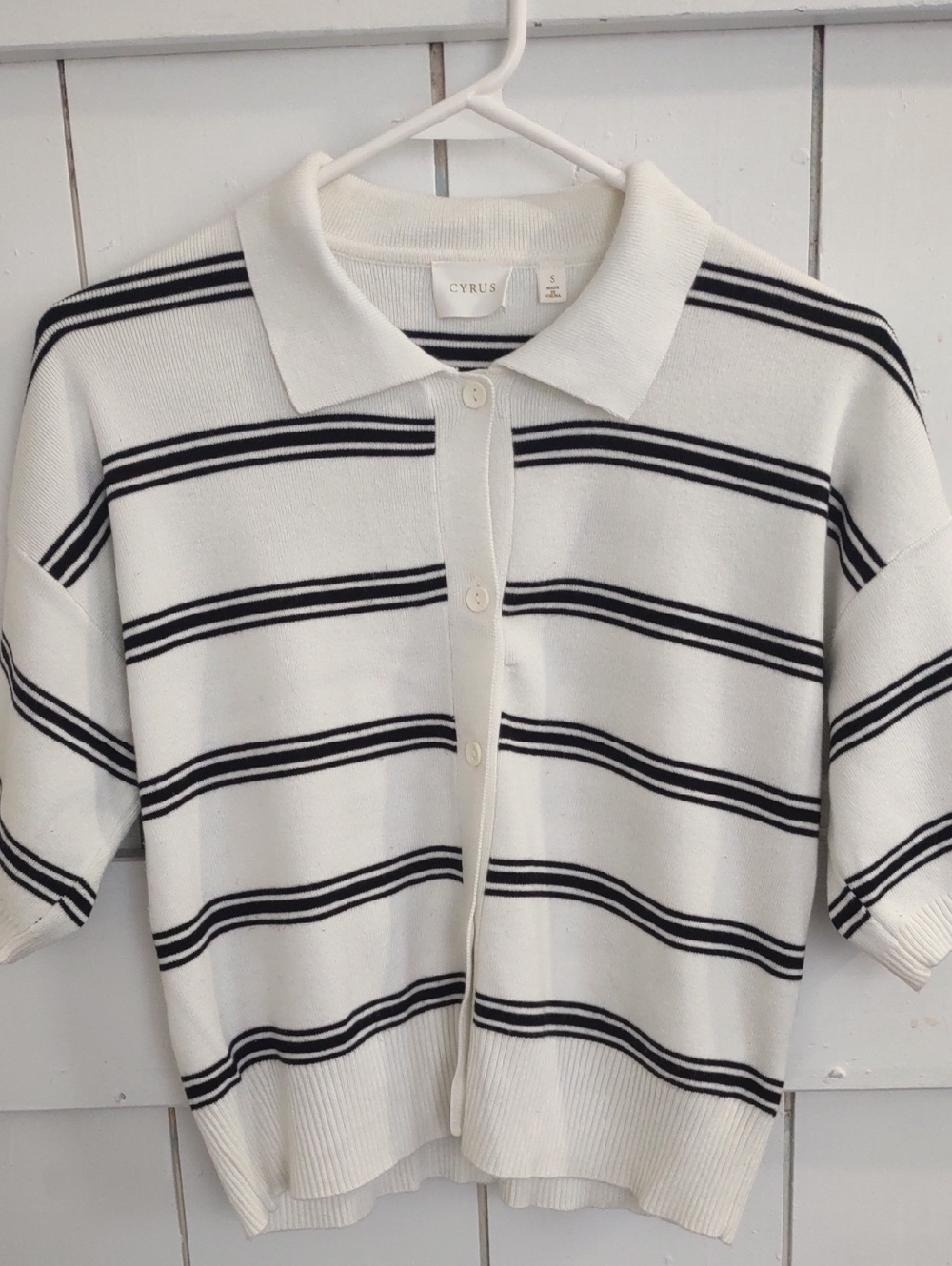 Cyrus White Polo Cardigan with Black Stripes